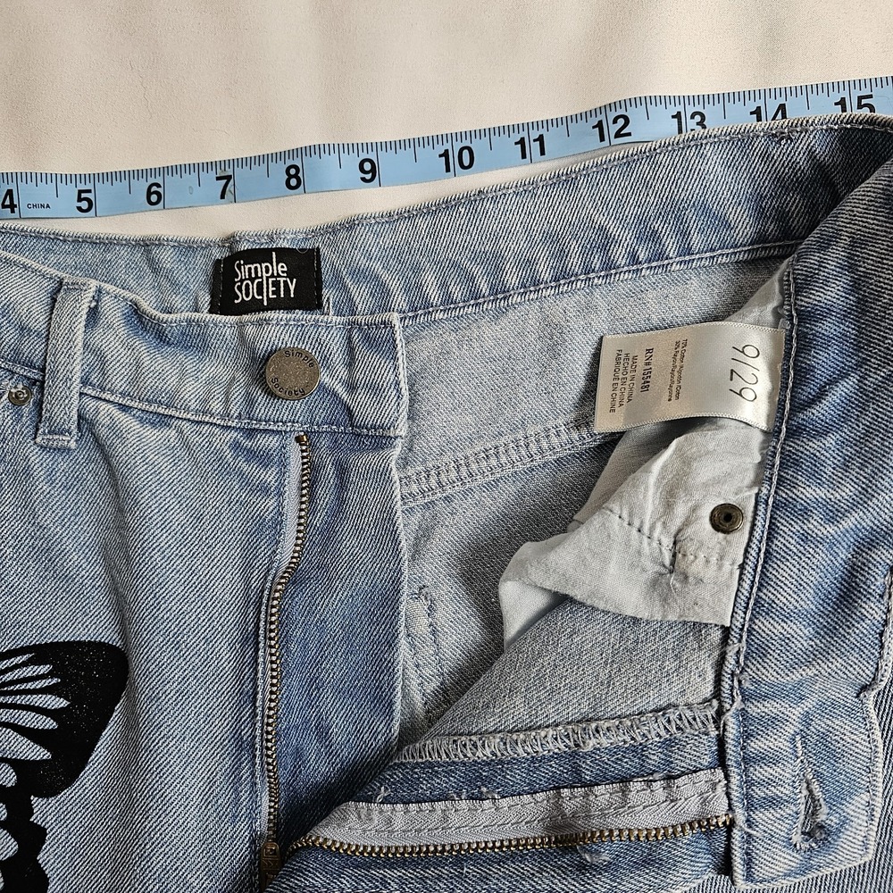 Simple Society Denim Jeans Butterflies Size 9/29 Light Wash High Waist Wider Leg - Picture 6 of 6